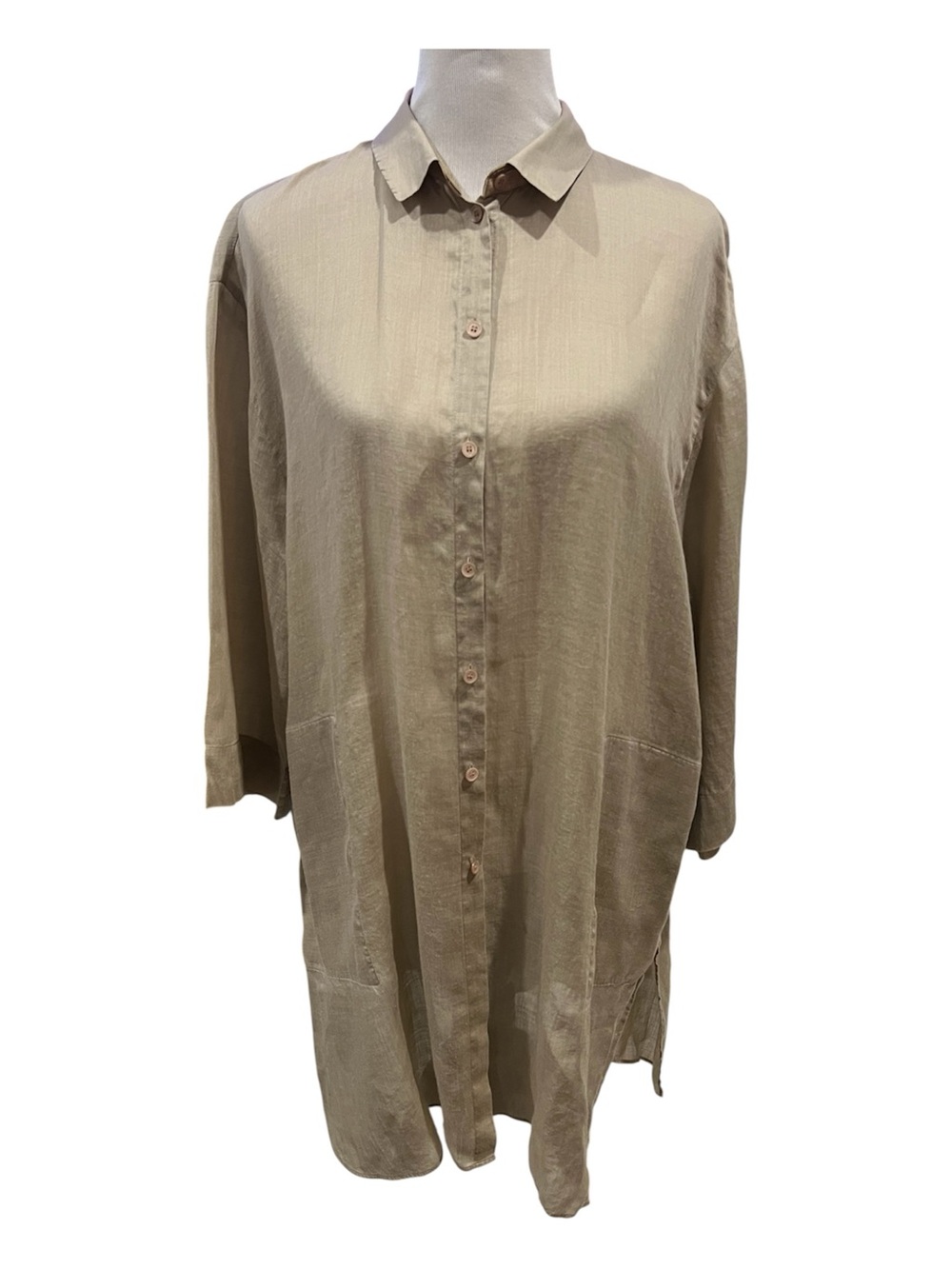 Lafayette 148 Tencel Ramie Tunic Length Pockets Beige Button Down Shirt Size XL